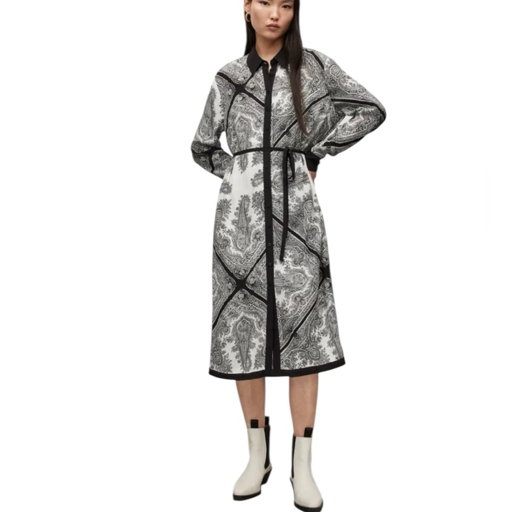 AllSaints Black and White Paisley Midi Shirt Dress - Picture 14 of 14